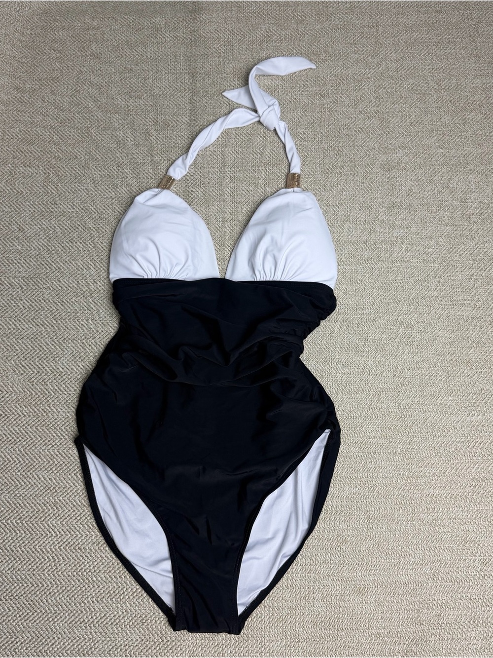 NWOT White & Black Halter One-Piece Swimsuit with gold accents size Medium - Picture 2 of 4